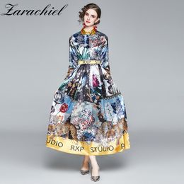 Fashion Spring Runway Full Sleeve Women Shirt Female Vintage Animal Leopard Floral Print Long Dress robe longue 210416