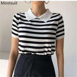 Summer Thin Knitted Pullover Women Short Sleeve Turn-down Collar Knitwear Tops Casual Fashion Korean Ladies Jumpers Sweater 210513