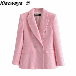 Klacwaya Za Blazer Women Fashion Pink Plaid Texture Casual Spring Autumn Office Double breasted Coat 211019