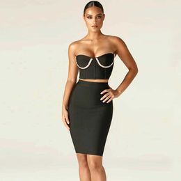 Women Summer Clothing Set Sexy Black Strapless Two Pieces Bandage Party High Street Celebrity Top Skirts 210527