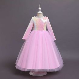 Girls dress sequined long-sleeved elegant wedding fancy party birthday stage costumes kids clothes Q0716