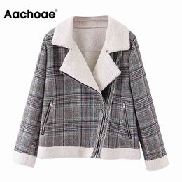 Aachoae Women Fashion Patchwork Plaid Jacket Vintage Long Sleeve Zipper Up Fleece Outerwear Ladies Thick Warm Teddy Coat 210413