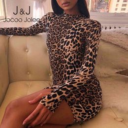 Jocoo Jolee Women Autumn Leopard Print Long Sleeve Stand Neck Bodycon Dress Sexy Tight Mini Dress Vintage Bandage Dress 210518