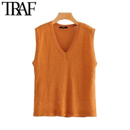 TRAF Women Fashion Two Pieces Sets Knitted Blouses+Shorts Vintage V Neck Sleeveless Tops Elastic Waist Drawstring Short 210415