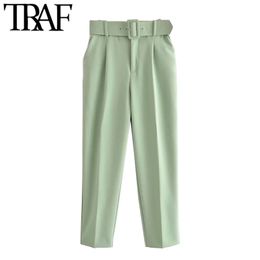 TRAF Women Chic Fashion High Waist With Belt Pants Vintage Zipper Fly Pockets Office Wear Female Ankle Trousers Mujer 210721