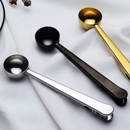 Stainless Steel Ground Coffee Measuring Scoop Spoons With Bag Seal Clip Black Gold Silver Color Ice Cream Spoon DH8586