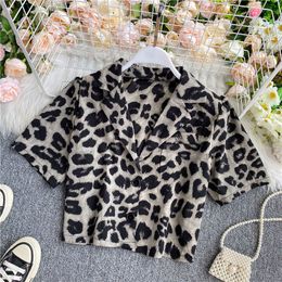 Summer Sexy Leopard Print Crop Top Elegant Women Notched Collar Button Short Shirt Casual Holiday 210423