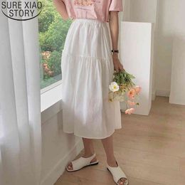 Women Pleated Casual Summer Solid White Midi A- Line High Waist Skirt Female Korean Style Loose Long Skirts 10005 210417