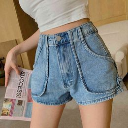 Casual Denim Shorts Style High Waist Wide Leg Pants solid wash skinny jeans woman Jeans 986F 210420
