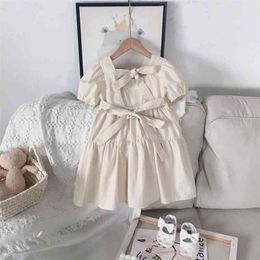 Summer Girls' Dress Temperament Square Neck Lace Welt Cake Princess Solid Colour Baby Kids Children'S Clothing For Girl 210625
