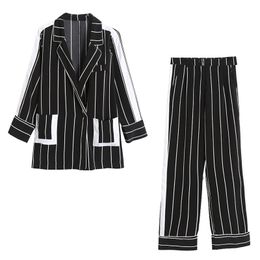 Women Black-And-White Striped Suits Summer Thin Blazer Coat & Pants ZA Jackets Coats Female Casual Trousers Sets Fashion 210521