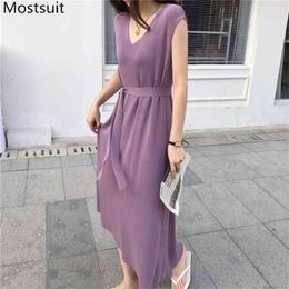 Summer Knitted Sleeveless Women Long Dress V-neck Belted Asymmetrical Dresses Korean Vintage Elegant Ladies Vestidos Femme 210513