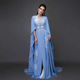 2021 Blue Plus Size Arabic Aso Ebi Sexy Chiffon Caftan Prom Dresses Embroidery Crystals Evening Formal Party Second Reception Gowns Dress