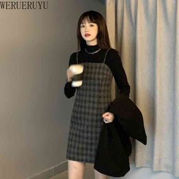 WERUERUYU Tweed Dress Sets Fall Winter Fashion Sweater Slim Suspender Dress 2 Piece Set Women 210608