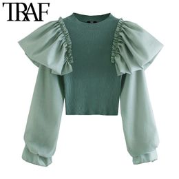 TRAF Women Fashion Ruffle Patchwork Cropped Knitted Sweater Vintage Long Sleeve Stretch Slim Female Pullovers Chic Tops 210415