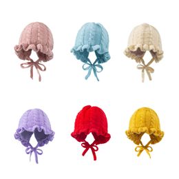 2021 Ins Candy Color Ruffles Girl Caps Winter Protect Ear Warm Beanies Back Chalaza Knit Infant Hats 0-3T