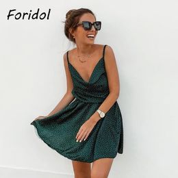 Foridol Polka Dot Satin Summer Dress Women Strap Sleeveless Sash Boho Dress Green Ruffle V Neck Beach Short Sundress 210415