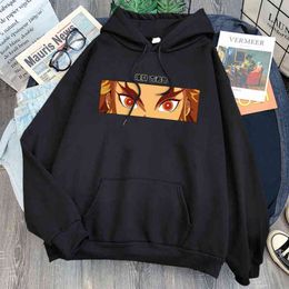 Mens Hoodies Anime Demon Slayer Print Fleece Sweatshirts Casual Loose Pockets Hooded Sweatshirt Mens Hip Hop Japanese Streetwear H1227