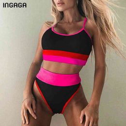 INGAGA Sexy Bikinis Women's Swimsuits High Waist Biquini Swimwear Push Up Bathers Bathing Suits Leopard Patchwork Beachwear 210406