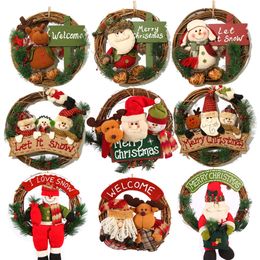 Wooden Merry Christmas Ghirlanda Ghirlanda Decorazioni Parete appeso Porta Santa Claus Elk Snowman Ornamenti Natale Ciondolo Decorazioni pendenti per la casa 33-35 cm