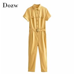 Solid Office Wear Jumpsuit Women Turn Down Collar Casual Jumpsuit With Belt Baggy Short Sleeve Full Length Jump Suit 210414