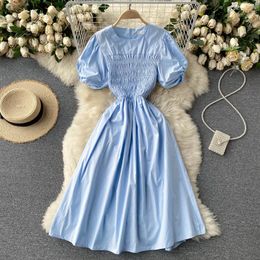 SINGREINY Women Elegant French Dress O Neck Puff Sleeve Elastic Ruched Solid Office Dresses Summer Casual Streetwear Midi Dress 210419