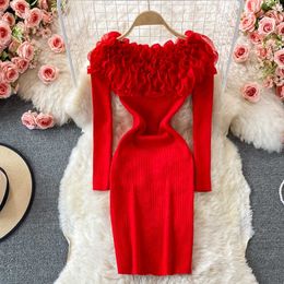 Ruffles Slash NeckDresses For Women 2021 Sexy Strapless Ribbed Knitted Bodycon Dress Women Autumn Long Sleeve Mini Sweater Dress Y1006