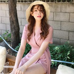 Jumpsuits&Rompers Summer Chic Sweet Gentle Notched Short Sleeve Pink Rompers&Playsuits Slim Bandage Waist Short Korean 210610
