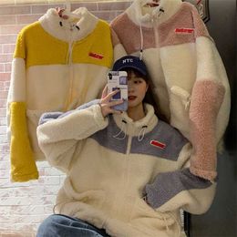 Women Hoodies thick fleece Hoodies zip-up patchwork cute Autumn Winter girls Loose coat 210927