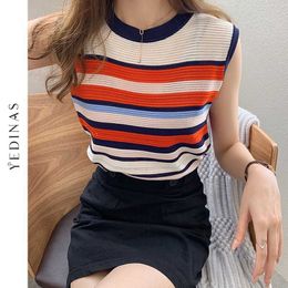 Yedinas Vintage Striped Sweater Vest O Neck Knitted Korean Women Sleeveless Female Style Pullover 210527