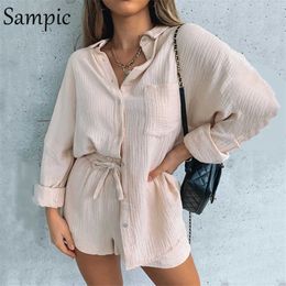 Sampic Tracksuit Women 2020 Casual Lounge Wear Shorts Set Long Sleeve Blouse Tops And High Waisted Mini Shorts Two Piece Set Y0702