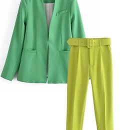 Aonibeier Woman Suit Pants OL Traf Blazer Jackets Elegant Coat Female 2 Piece Set Slim Outfits Belt Trousers Outwear 220315