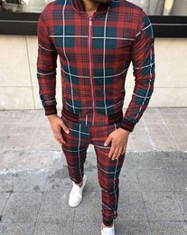 stylish plaid print tracksuit men's casual sports trousers 3D printing autumn thin zipper jacket suit2449