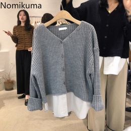 Nomikuma Korean Patchwork Knitted Cardigan Autumn Winter New Sweater Coat Causal Fake Two Pieces Knitwear Jacket 6C931 210427