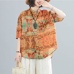 Oversized Women Loose Casual Shirts New Arrival Summer Vintage Style Stand Collar Floral Print Female Tops Shirt S3015 210412