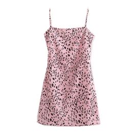 Summer Pink Leopard Spaghetti Strap Dress Woman Slash neck Sling Party Dresses Mini Short Side Zipper 210429