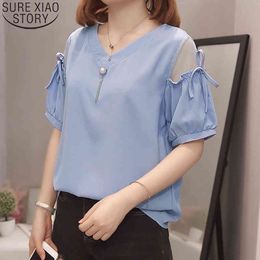 Shirts Women Blue Tops Casual Summer Lace Chiffon Splice Blouse Short Sleeve V-neck Plus Size 4XL Loose Blouses Blusas 9987 210417