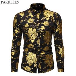 Men's Golden Rose Luxury Design Dress Shirts Autumn Slim Fit Button Down Flowered Printed Stylish Party Club Shirt S-XL 210522