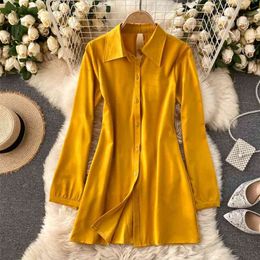 Women's Shirt Dress Solid Lapel Collar Long Sleeve Summer Single Breasted Hollow Out Back Mini Sexy 210603