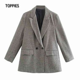 Toppies Vintage Plaid Blazer Office Ladies Suit Jacket Female Coat Double Breasted Coat Notched Collar 210412