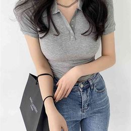 Solid Color Polos Top Women Short Sleeve T- shirt Ribbed Button Crop top T Shirt Casual Summer tshirt 210507