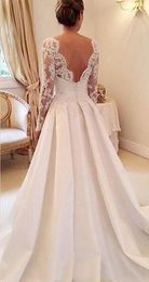 Fanty Jewellery Neck Long Sleeves Lace Applique Bodice Court Train Wedding Dress Open Back Sexy Bridal Gowns vestido de noiva curto276L