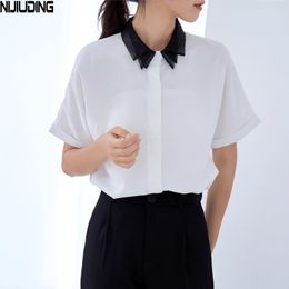 Korea Office Ladies Pure Shirts For Women Short Sleeve Patchwork Turn Down Collar Blouses Summer Single-breasted Female Blousas 210514