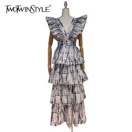 Print Patchwork Ruffle Dress Female V Neck Short Sleeve High Waist Vintage Summer Dresses Fashion 210520