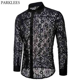 Luxury Floral Embroidery Lace Shirt Men Brand Transparent Sexy Dress s Mens See Trough Club Party Black Male 210809