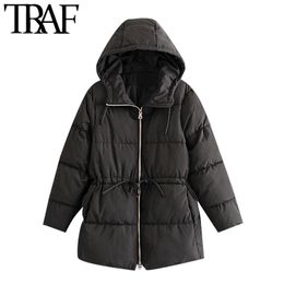TRAF Women Fashion With Drawstring Winter Thick Warm Parkas Coat Vintage Long Sleeve Hooded Female Outerwear Chic Tops 210415