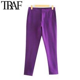 TRAF Women Chic Fashion Office Wear Pockets Basic Pants Vintage Mid-Waist Side Vents Female Ankle Trousers Mujer 210415