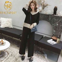 Korea style Autumn and winter Splicing Colour V-neck Loose Knitted Top High Waist Wide Leg Pants Fashion two piece set 210506