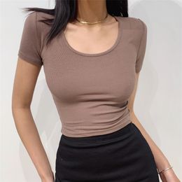 Women Scoop Neck Slim Fit Ribbed T-shirt Short Sleeves Crop Top 210623