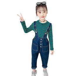 Kids Clothes Striped Tshirt + Jumpsuit Clothing For Girls Spring Autumn Girl Casual Style Tracksuit 6 8 10 12 14 210528